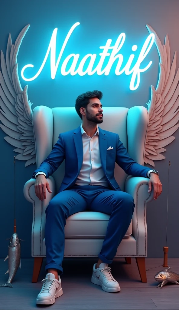Create a 3D illustration for a profile picture where a 38 year old “Man”,With a blue suit, casually on a wings back chair, wearing sneakers a white,with a fishing rod and line and fishes near by, she looks ahead, the background features “Naathif” in big and capital letters White neon light fronts on the back wall, there should not be his shadow and there are wings to make it appear as if he is angel.