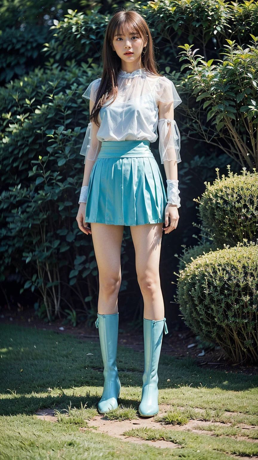 (8k、RAW Photos、Highest quality、masterpiece:1.2)、(Realistic、Realistic)、1 person、((Green and light blue mini skirt、Fantasy、Warrior Armor、See-through、garden、garden、Breast enlargement、boots、cool、Thin legs、whole body、View from the front、Looking into the camera、Stand with hands on hips))、cute