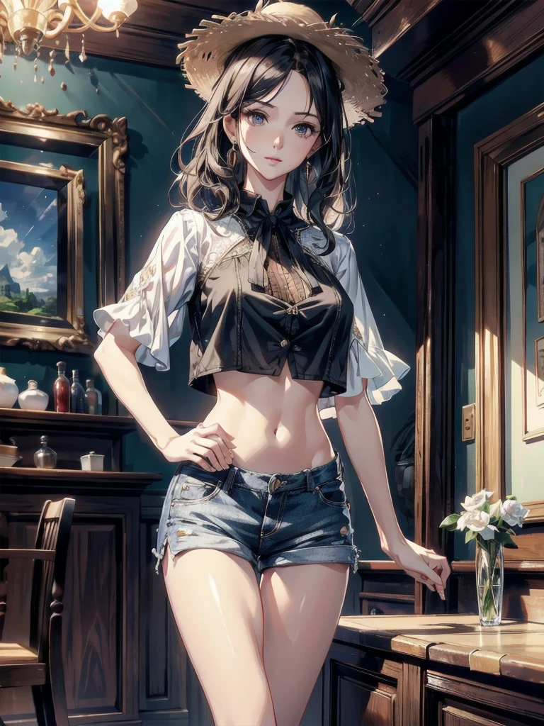 absurdres, RAW photo, extremely delicate and beautiful, masterpiece, Best Quality, ultra high resolution, 32k, hyper realistic, ultra-detailed, Very detailed CG 8k wallpaper, detailed background, landscape, Beautiful Lighting, Perfect Lightning, Realistic Shadows, perfect ???????, anatomically correct, ideal ratio body proportions, perfect figure, Perfect Style, Perfect balance, super Detailed skin, in her 30s, very Slim body, narrow waist, very small head, very small face, delicate facial features, handsome detailed woman, very detailed eyes and face, realistic face proportions, Realistic beautiful face, Realistic beautiful eyes, tearful mole, earring, full body shot, full legs, full knee, full foot, very huge round tits, medium hair, asymmetrical hair, wavy hair, indoor, blouse, crop top, shorts, straw hat,