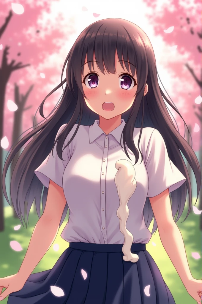 Japanese schoolgirl　White liquid is poured onto her chest