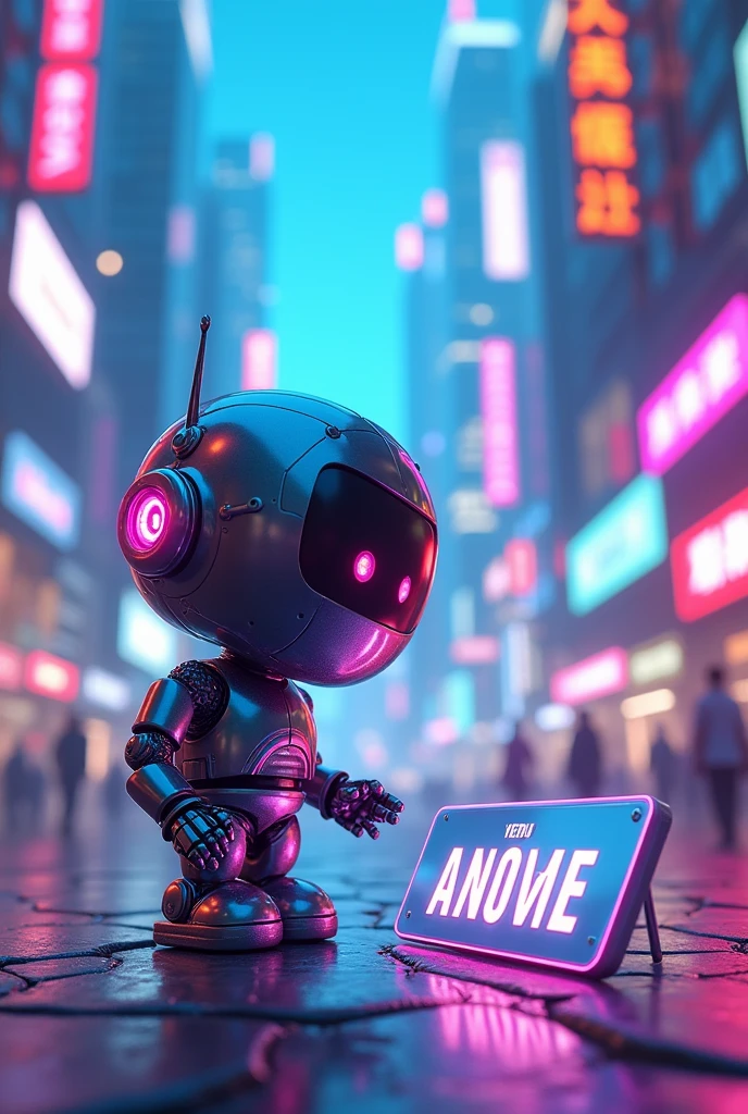 3d, cute, kawaii, anime, a small cyberpunk robot scanning a nameplate