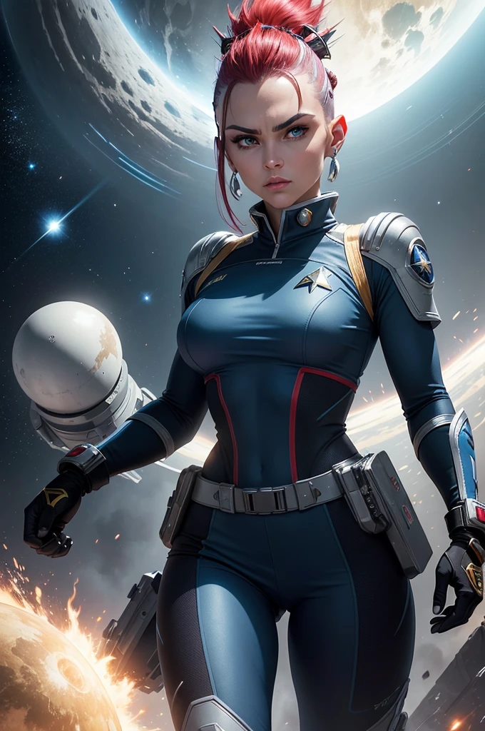 To create an elegant and exclusive uniform for a space explorer team similar to the uniforms from the franchise "star"trek", more of a high goal, with a different emblem in the shape of a bird and a four-pointed star inside a circle, using golden colors, Silver and blue with various modern digital electronic equipment embedded in the handlebars and gloves with keyboards, used by a proud, Bela, very muscular, strong and serious woman with a soft bluish face, all white eyes with large, well-arched eyebrows, mature bald alien with a short, red punk-style mohawk, running audaciously through a mysterious and wild planet, well armed and with a spaceship in the background