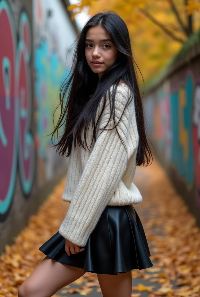 17 year old girl with black hair wearing a white sweater and black skirt