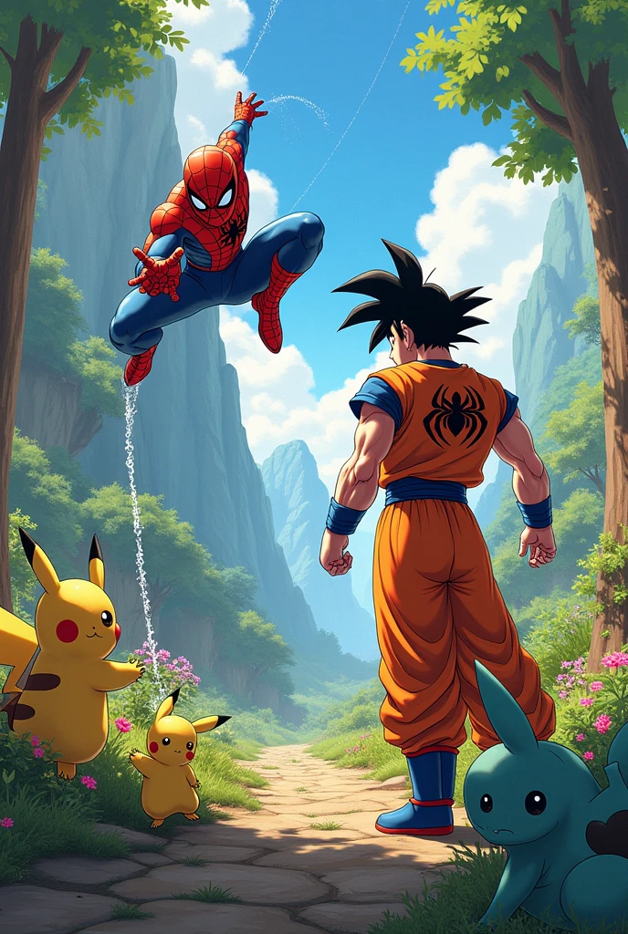 Image of goku and spiderman fighting in the pokemon world