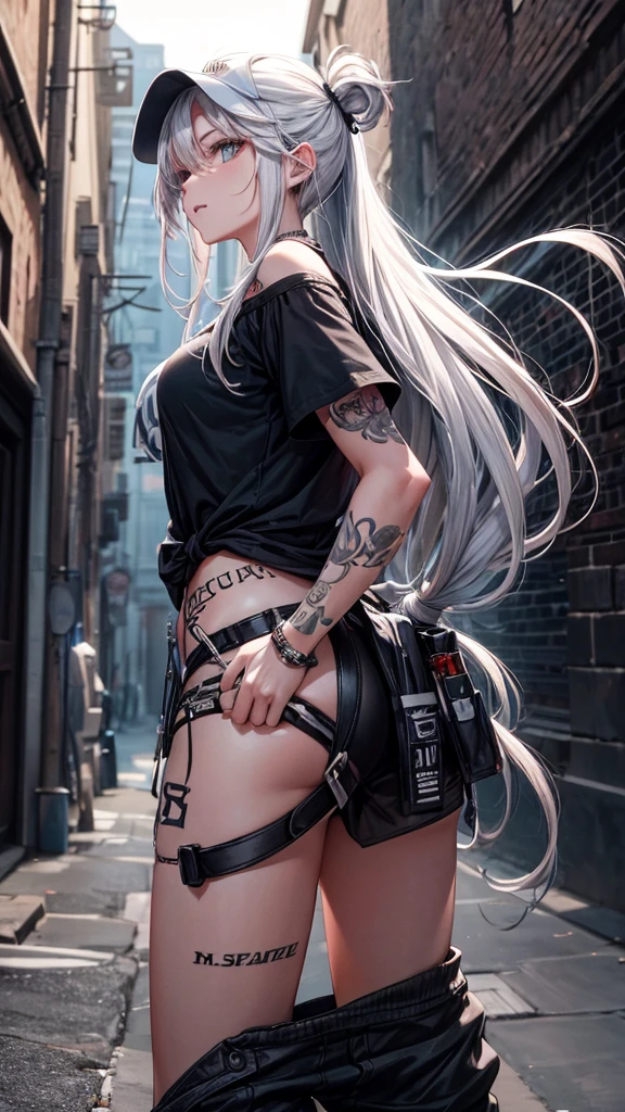 “Create a high-resolution image of a character with long silver hair wearing a cap. The character’s hair is tied and falling down from the back of the cap. They are dressed in an off-shoulder black shirt with the word ‘ROCK’ in white letters on the chest. The character has tattoos on their arm and is wearing loose-fitting gray cargo pants. They are also wearing headphones. The background is a dimly lit alleyway.”