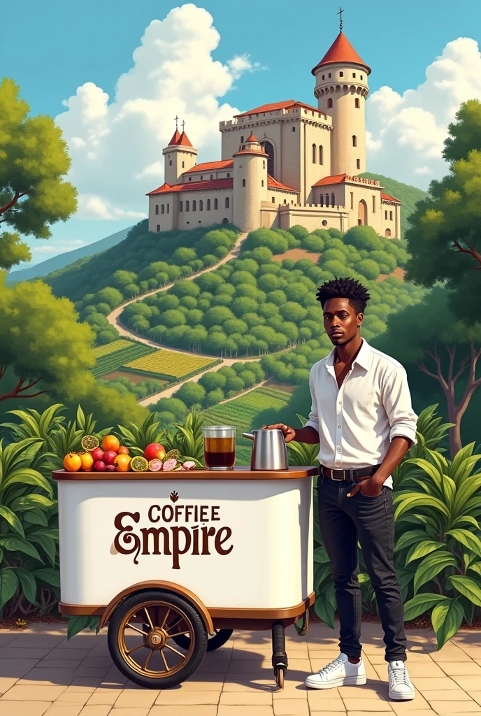 An imperial castle on a farm with coffee plantations with lots of fruit and a young black man with a teenage face and black, curly hair, good and down, with an American cut and a white blouse., with a logo that says coffee empire in Portuguese and very elegant black jeans and white sneakers, selling coffee in its white cart with the logo written coffee empire on the streets of Austin in Portuguese on the cart all in drawing