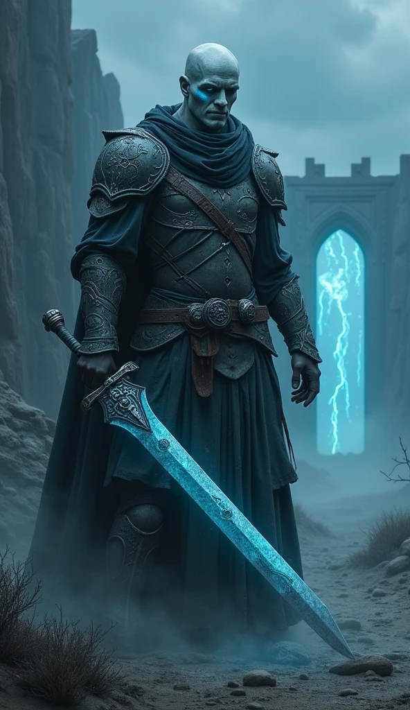 Create an image of the One-Eyed Warrior, tasked with overseeing and guarding the Netherworld. Highlight the following features:
- **Appearance**: The One-Eyed Warrior has lost one eye, with a cold, pale blue light emanating from the empty socket. His skin is a grayish pale, giving him the cold, hardened appearance of the dead. His armor is ancient, parts of it frost-covered from the chill of the Netherworld. His body bears countless scars from fierce battles of the past.
- **Eye and Expression**: The remaining eye, which emits a cold light, can see through souls and reveal their true nature. His expression is perpetually stoic, exuding an icy calm that betrays no emotion.
- **Weapon**: The warrior wields a special sword forged in the Netherworld, with the power to slice through souls. The blade emits a faint blue glow, and ghostly images of spirits and Netherworld landscapes are engraved on it. These images ripple and shift as the sword moves.
- **Movement**: The One-Eyed Warrior's movements are quiet yet razor-sharp. Every action is precise, capable of reaping souls in an instant. As he moves, the cold of the Netherworld follows him, sending a chilling breeze through the air.
- **Background**: Set the background in the desolate landscape of the Netherworld. The ground is dark and barren, with ghostly blue lights flickering like the spirits of the dead. The sky is covered with dark clouds, with occasional flashes of lightning. In the distance, the gate of the Netherworld looms, with the warrior standing guard, his figure emerging like a shadow.
Overall, aim to portray the One-Eyed Warrior as a cold, relentless guardian of the Netherworld, emphasizing his role as an overseer of the dead.