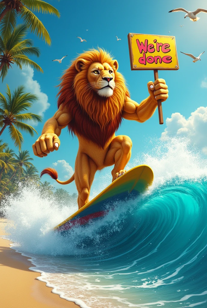 a lion holding a sign with the letters "We're done", surfing on the beach