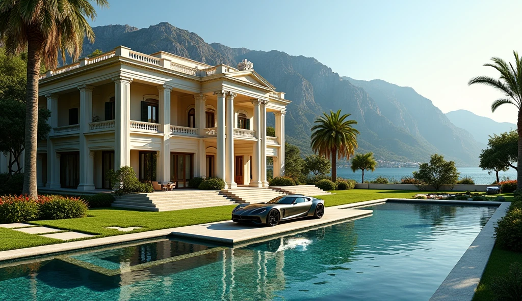 luxury mansion with a luxuary car parked in front of it, green yard with trees, behind sea and mountains, luxury pool, luxury lifestyle, luxurious environment, luxury architecture, rich, huge mansion, rich style, luxury and elite, extremely opulent, luxurious, hyper luxurious, majestic masterpiece, wealthy, luxury, stunning grand architecture, exquisite masterpiece, flaunting his wealth, inside a grand, architectural masterpiece
