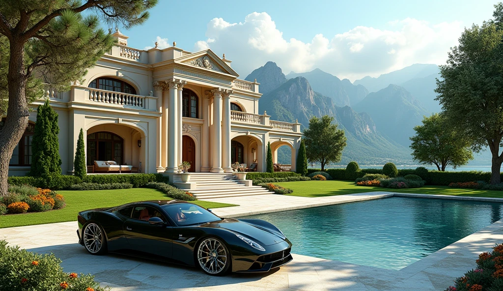 luxury mansion with a luxuary car parked in front of it, green yard with trees, behind sea and mountains, luxury pool, luxury lifestyle, luxurious environment, luxury architecture, rich, huge mansion, rich style, luxury and elite, extremely opulent, luxurious, hyper luxurious, majestic masterpiece, wealthy, luxury, stunning grand architecture, exquisite masterpiece, flaunting his wealth, inside a grand, architectural masterpiece