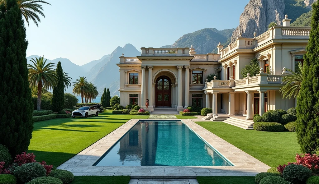 luxury mansion with a luxuary car parked in front of it, green yard with trees, behind sea and mountains, luxury pool, luxury lifestyle, luxurious environment, luxury architecture, rich, huge mansion, rich style, luxury and elite, extremely opulent, luxurious, hyper luxurious, majestic masterpiece, wealthy, luxury, stunning grand architecture, exquisite masterpiece, flaunting his wealth, inside a grand, architectural masterpiece