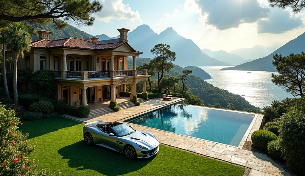 luxury mansion with a luxuary car parked in front of it, green yard with trees, behind sea and mountains, luxury pool, luxury lifestyle, luxurious environment, luxury architecture, rich, huge mansion, rich style, luxury and elite, extremely opulent, luxurious, hyper luxurious, majestic masterpiece, wealthy, luxury, stunning grand architecture, exquisite masterpiece, flaunting his wealth, inside a grand, architectural masterpiece
