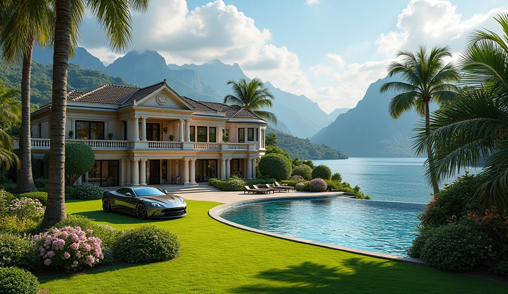 luxury mansion with a luxuary car parked in front of it, green yard with trees, behind sea and mountains, luxury pool, luxury lifestyle, luxurious environment, luxury architecture, rich, huge mansion, rich style, luxury and elite, extremely opulent, luxurious, hyper luxurious, majestic masterpiece, wealthy, luxury, stunning grand architecture, exquisite masterpiece, flaunting his wealth, inside a grand, architectural masterpiece