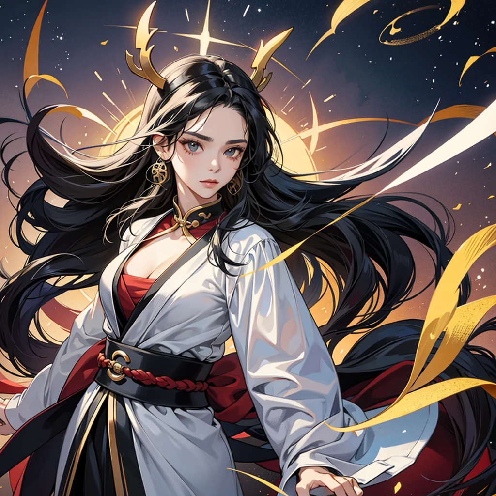 High resolution, 1 Female, alone, Hip Up, Displaying the viewer, (Detailed face), Black Hair, Long Hair, Taoist Robe,Larger clothes, jewelry, Portraits during the journey