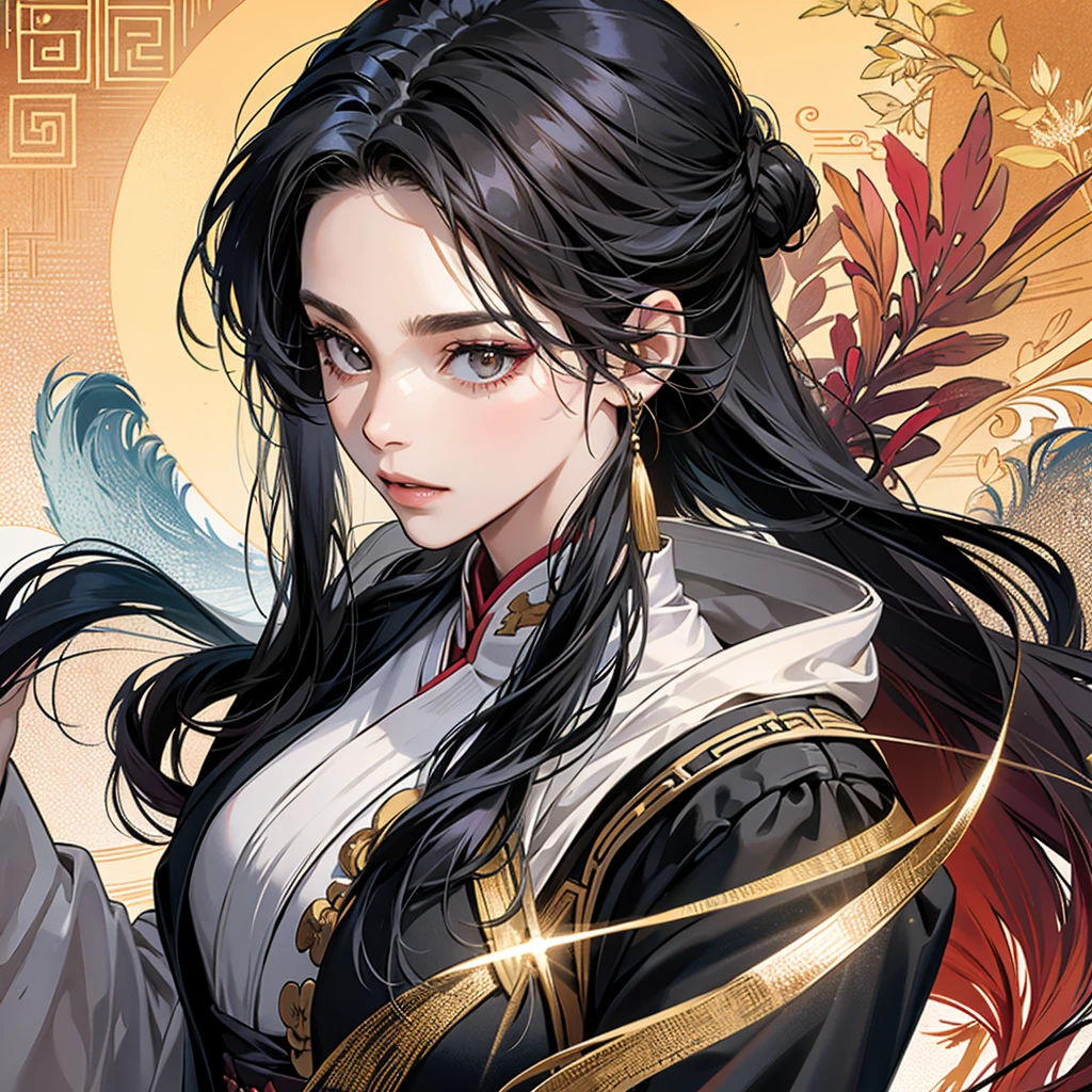 High resolution, 1 Female, alone, Hip Up, Displaying the viewer, (Detailed face), Black Hair, Long Hair, Taoist Robe,Larger clothes, jewelry, Portraits during the journey