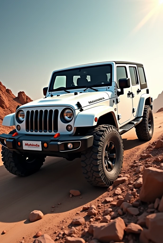 Realistic White Mahindra Scorpio jeep going upward, roof view, no background