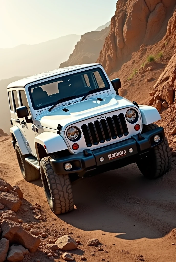 Realistic White Mahindra Scorpio jeep going upward, roof view, no background