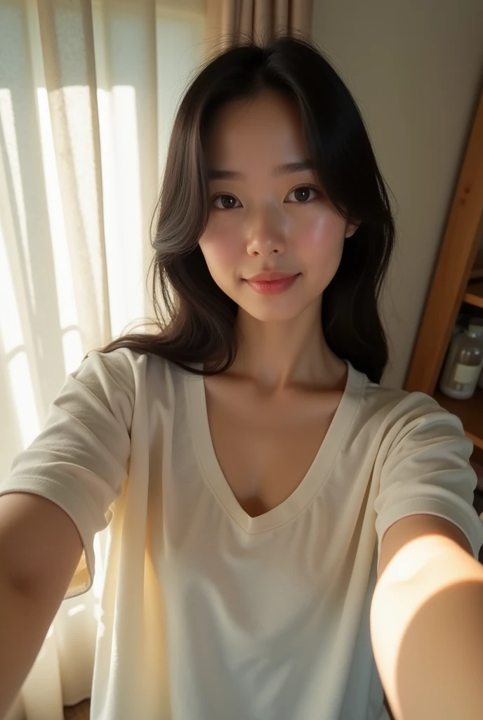 A fair-skinned Japanese woman wearing a loose, oversized T-shirt。Taking a selfie from above。Her chest is visible through the gap between her neck and her T-shirt.。Selfie style。