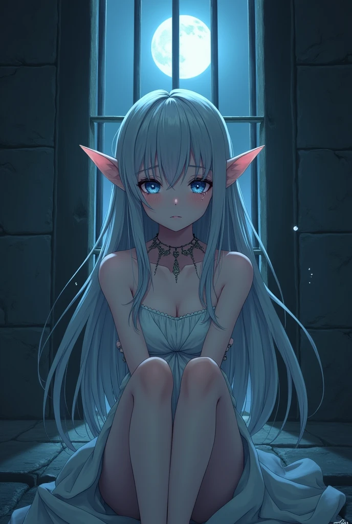 Beautiful girl anime style　Silver Haired Elf　Naked and frail, collared and put in a cell、Are crying。