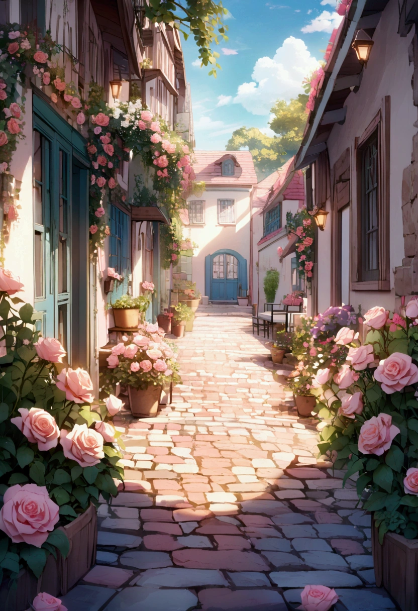 create a garden with pink colors, flowers, roses with a cobblestone path in the middle, with blue sky