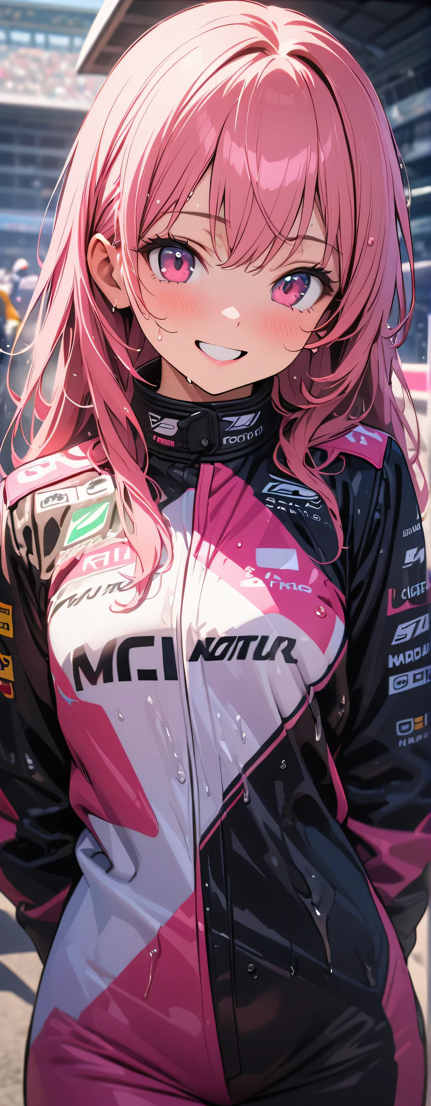 , (beautiful girl: 1.3),1girl,masterpiece, Highest quality, Ultra-high resolution,rich contrast,super high quality,8k,Highly detailed CG unit wallpaper,texture,Incredibly absurd,Ultra-high resolution,RAW Photos,Pink F1 racing suit,F1 Circuit,A big smile,Lotus 79,(((Wet)))