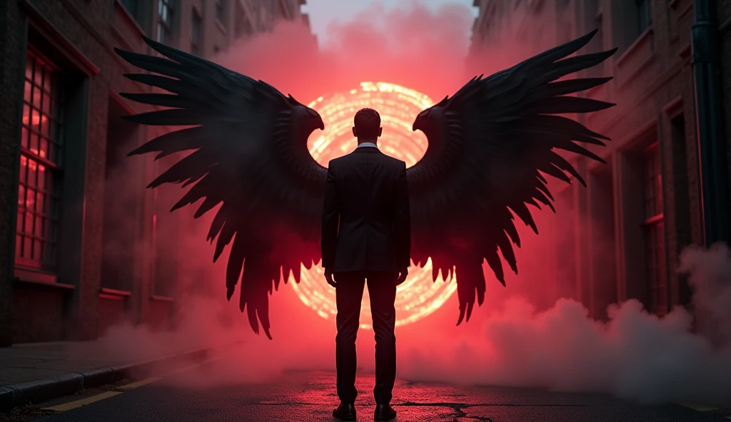 The Antichrist in a Suit, with fallen angel wings, just stepped out of the portal of hell into the world.