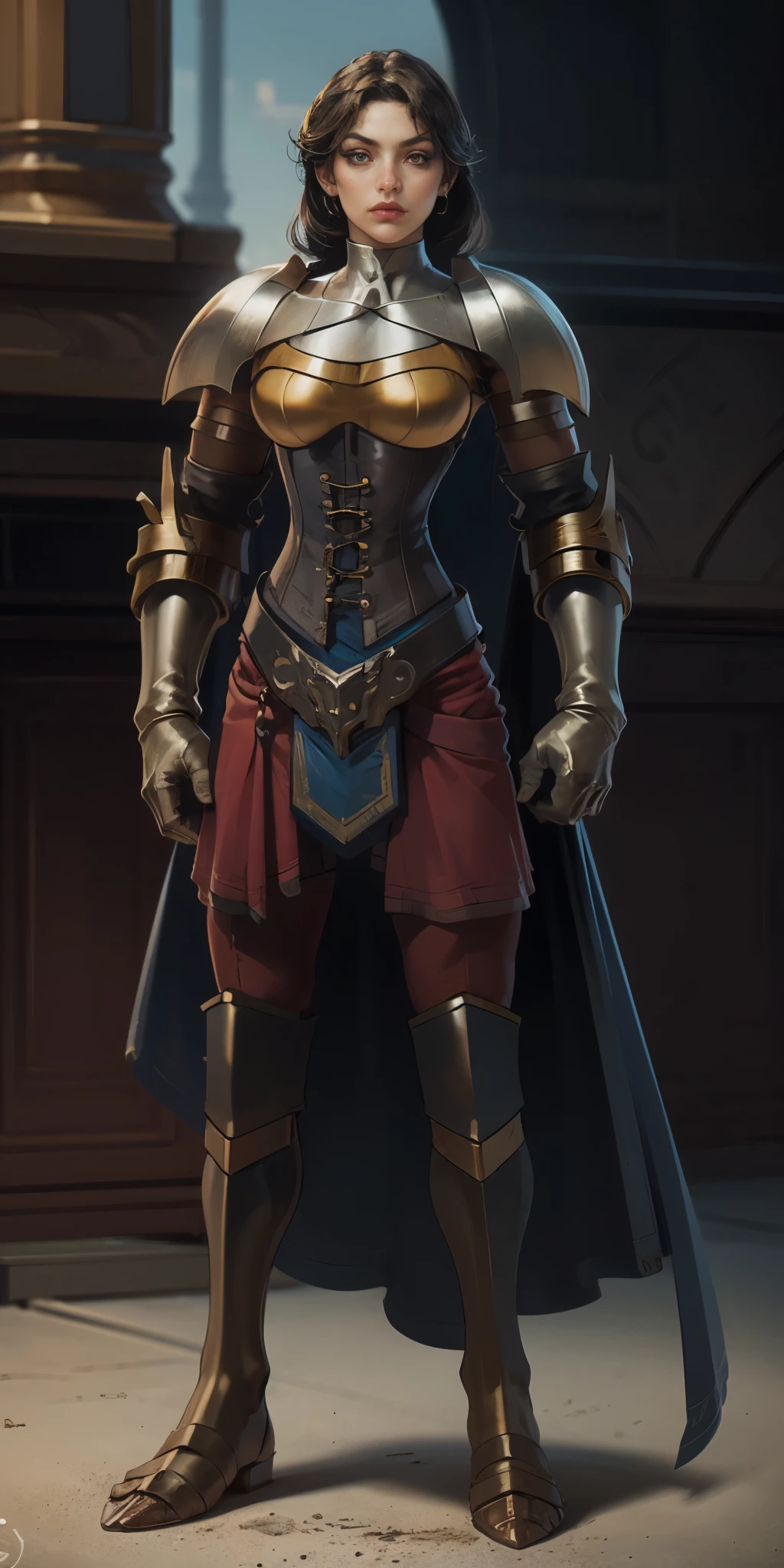 full body, whole body. 1solo (girl). slave fighter, loincloth standing, hands on hips, metal sandals, leather choker and corset, big belt, view from below, feet together, bracers, tiara)