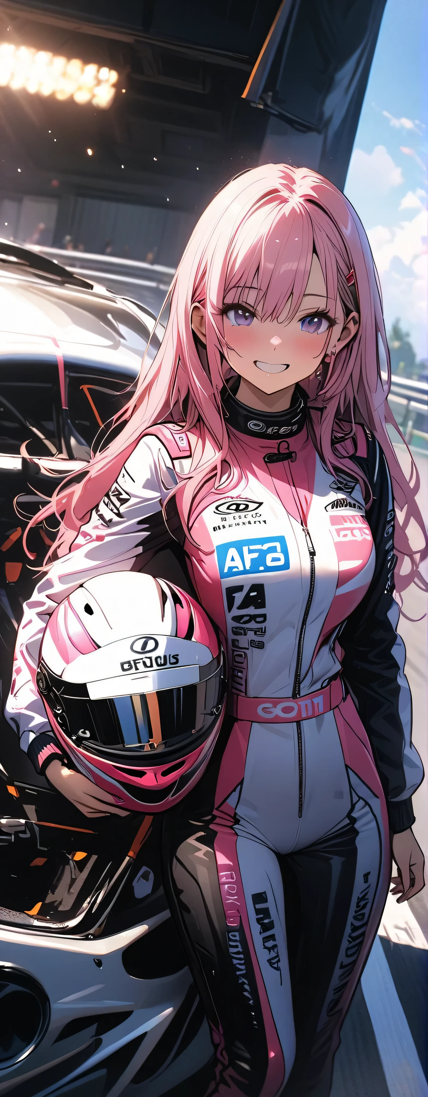 15 years old, (beautiful girl: 1.3),1girl,masterpiece, Highest quality, Ultra-high resolution,rich contrast,super high quality,8k,Highly detailed CG unit wallpaper,texture,Incredibly absurd,Ultra-high resolution,RAW Photos,She took off her helmet,Pink F1 racing suit,F1 Circuit,A big smile,Lotus 79,An incredibly detailed car body,Beautiful car body,She stands next to the car and is happy,(((Wet))),1girl