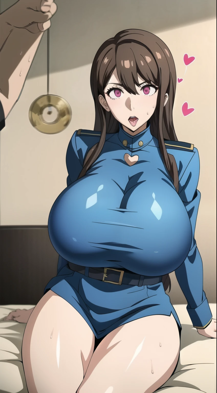 masterpiece, 1 person々, One person々in,10代の若者1 person々, Mika - Persona 5 (Mika、Lusona 5),Big Breasts, Long Hair,Brown Hair,Mature Woman,Half-open eyes,、Pink eyes, Empty Eyes LoRA / Hollow / Hypnotic suggestion,Collapse on the bed,Red Bet,Thick thighs, Hypnotic Pendulum,Hypnotic state,Hypnotic stateの目,squint,Open your mouth wide and vertically,Sweaty,Stuffy stuffiness,全身Sweaty,I can see the valley,Stuffy stuffiness,Steamed,  (Huge breasts:1.4),Heart Nipple Sticker, Perceptual self-satisfaction & Excretion of personality, Hypnotic Pendulum / Coin - Pendulum - Hypnosis,In uniform