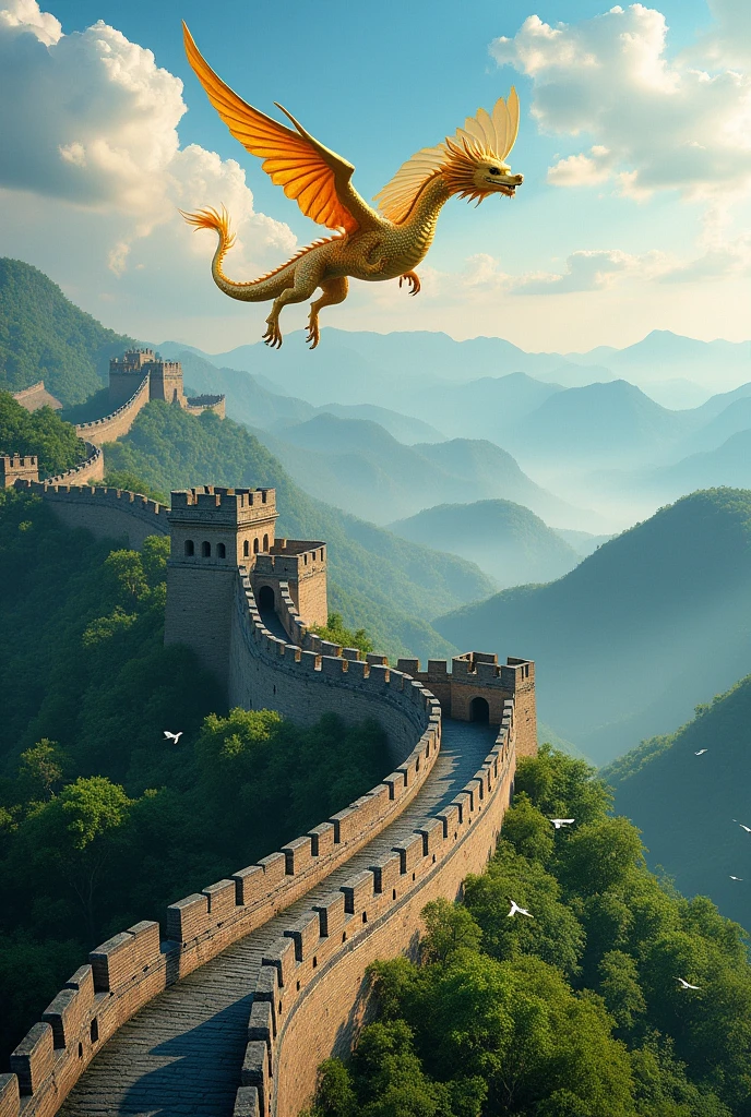 Help me draw a picture of the Great Wall of China with a large, majestic golden dragon flying nearby. In the picture there are trees, sky, clouds, and birds that can be seen in the distance.