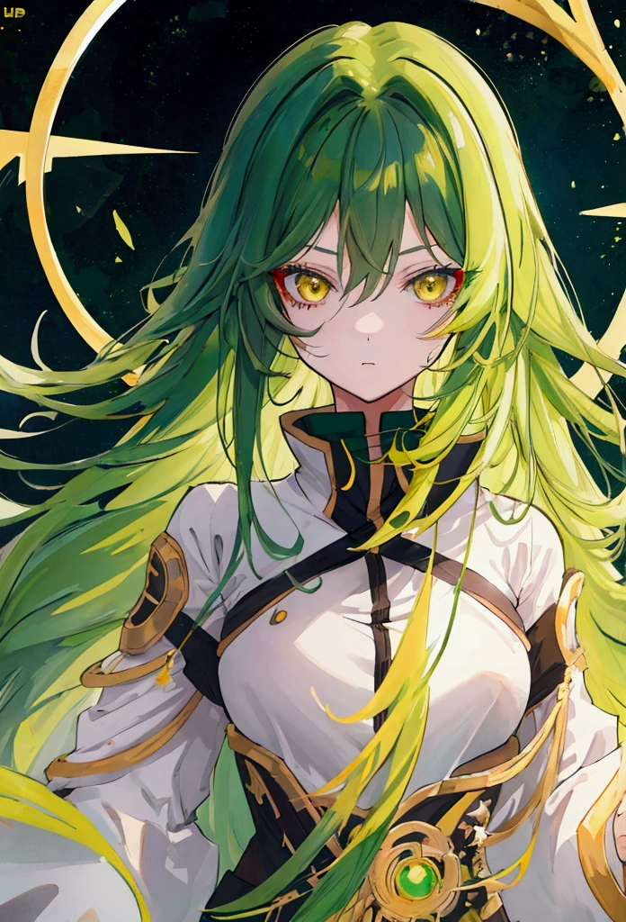 a girl with long dark green hair, yellow eyes,hair behind ear, anime, anime style, UHD, masterpiece, accurate, anatomically correct, super detail, high quality, high details, award winning, highres, best quality, 8k