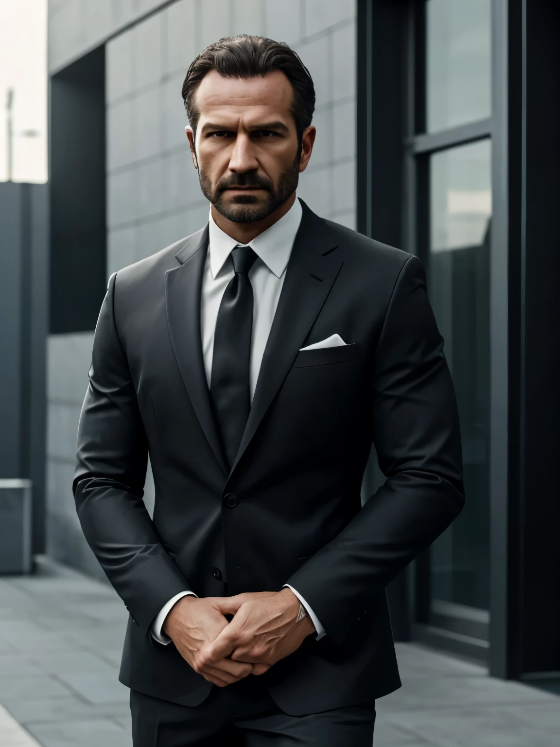 "Create a highly detailed image of a character resembling Alex from *Call of Duty: Modern Warfare* (2019). The character should have a rugged and military appearance with short, cropped hair, a muscular build, and a stern expression. Instead of his usual combat gear, dress him in a sleek, tailored black suit with a white dress shirt and a black tie. He should be standing in a confident pose, possibly with his hands in his pockets or adjusting his tie. The background should be neutral, focusing attention on his formal attire."