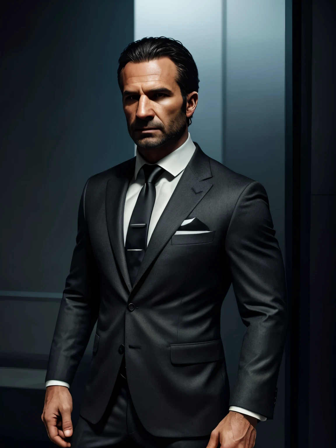 
"Create a highly detailed image of a character resembling Alex from *Call of Duty: Modern Warfare* (2019). The character should have a rugged and military appearance with short, cropped hair, a muscular build, and a stern expression. Instead of his usual combat gear, dress him in a sleek, tailored black suit with a white dress shirt and a black tie. He should be standing in a confident pose, possibly with his hands in his pockets or adjusting his tie. The background should be neutral, focusing attention on his formal attire."