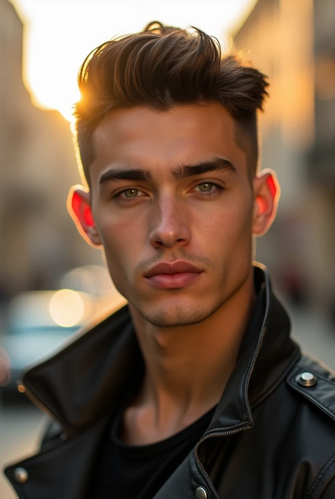 (photorealism:1.2) a man with perfect facial features quiff haircut with hunter eyes under 29 