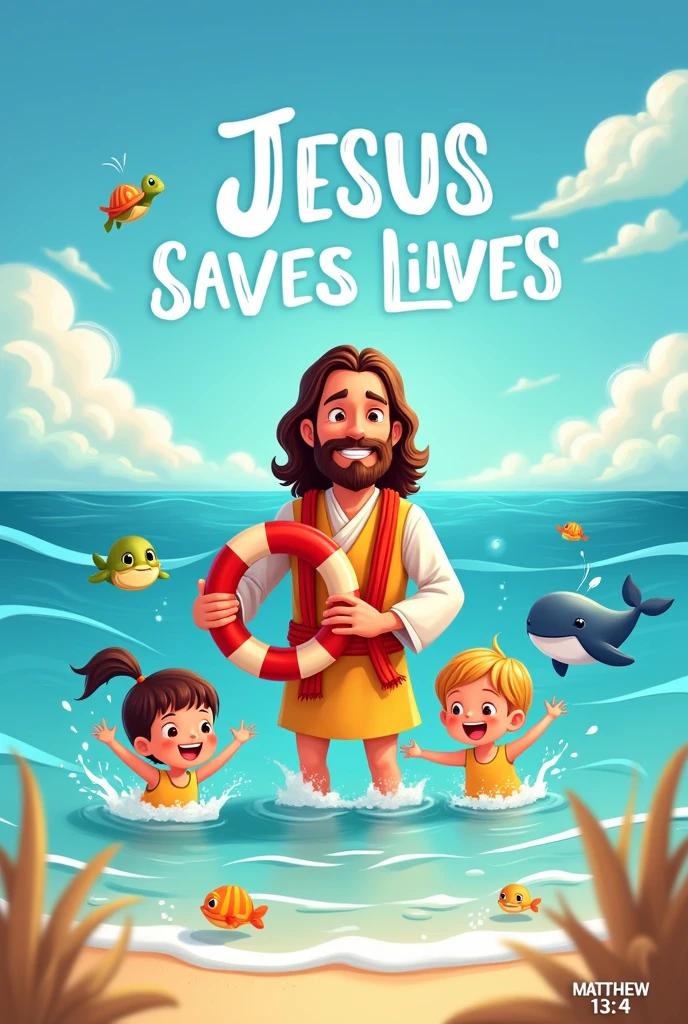 Cria uma arte para estampa de blusa  com o tema Jesus saves lives.
In this art I want you to add the theme" Jesus saves lives" also include the Bible verse " Matthew 13:4"  
In the art I want you to put Jesus dressed as a lifeguard, inside the sea, saving 2 beautiful and cute children. Add baby turtles to the sea, little fishes, whale OBSERVATION: JESUS DOES NOT JOKE, AND THE LITTLE FISHES, WHALE HAS TO BE A CARTOON 
