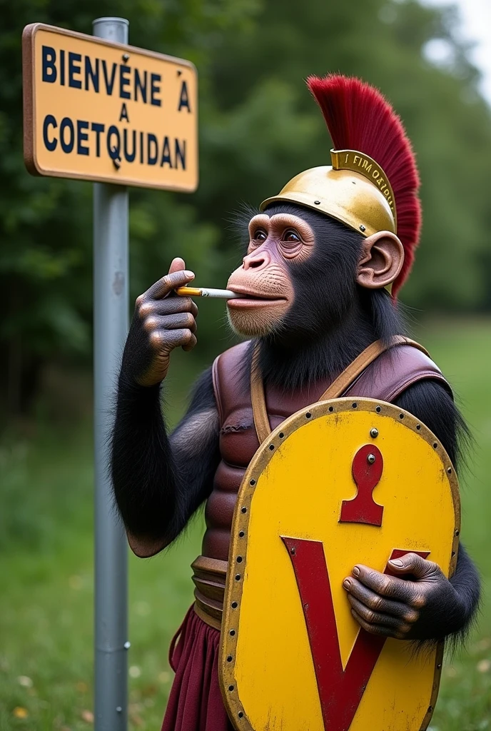 Je veux un singe habillé en guerrier spartiate exactement à la manière des soldats de Léonidas dans le film 300. Il doit porter un bouclier rond en métal jaune, marqué d'un Λ rouge qui est le seul décors du bouclier. Ce singe se trouve à côté d'un panneau marqué "bienvenue à coetquidan". Il a une cigarette allumée en bouche et a l'air déprimé.