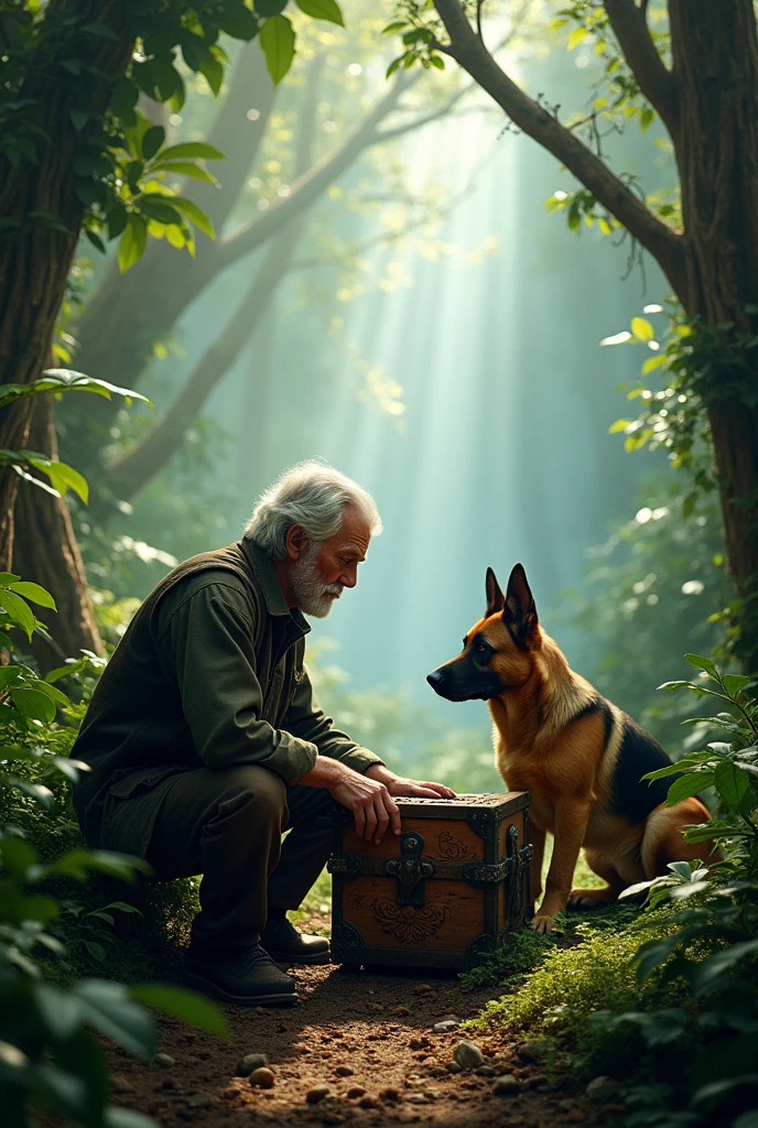 A person little bit old opening a chest with german shepherd in a jungle