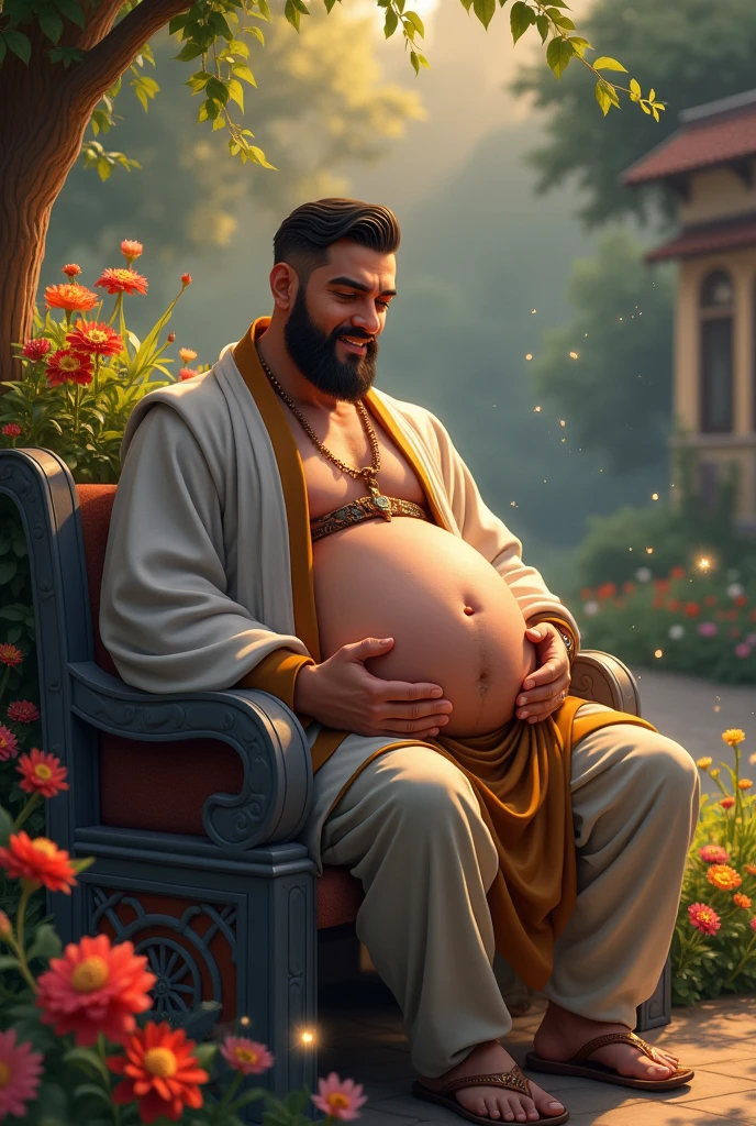 Al haitham from genshing impact sitting with his belly swollen like he's 9 months pregnant