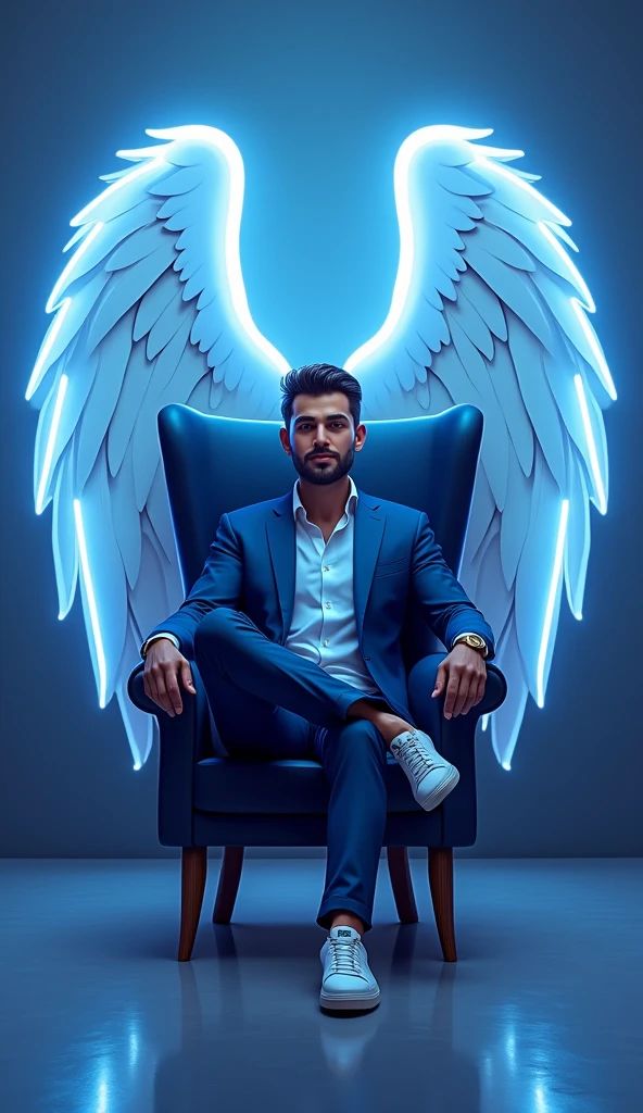 Create a 3D illustration for a profile picture where a 38 year old “Man”,With a blue suit, casually on a wings back chair, wearing sneakers a white,, the background features “Kon Murshid ?” in big and capital letters White neon light fronts on the back wall, there should not be his shadow and there are wings to make it appear as if he is angel.
