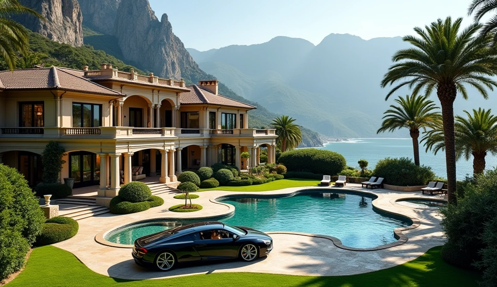 luxury mansion with a luxuary car parked in front of it, green yard with trees, behind sea and mountains, luxury pool, luxury lifestyle, luxurious environment, luxury architecture, rich, huge mansion, rich style, luxury and elite, extremely opulent, luxurious, hyper luxurious, majestic masterpiece, wealthy, luxury, stunning grand architecture, exquisite masterpiece, flaunting his wealth, inside a grand, architectural masterpiece