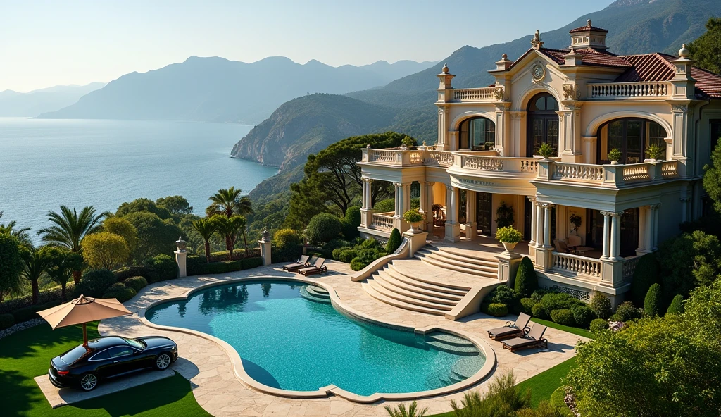 luxury mansion with a luxuary car parked in front of it, green yard with trees, behind sea and mountains, luxury pool, luxury lifestyle, luxurious environment, luxury architecture, rich, huge mansion, rich style, luxury and elite, extremely opulent, luxurious, hyper luxurious, majestic masterpiece, wealthy, luxury, stunning grand architecture, exquisite masterpiece, flaunting his wealth, inside a grand, architectural masterpiece