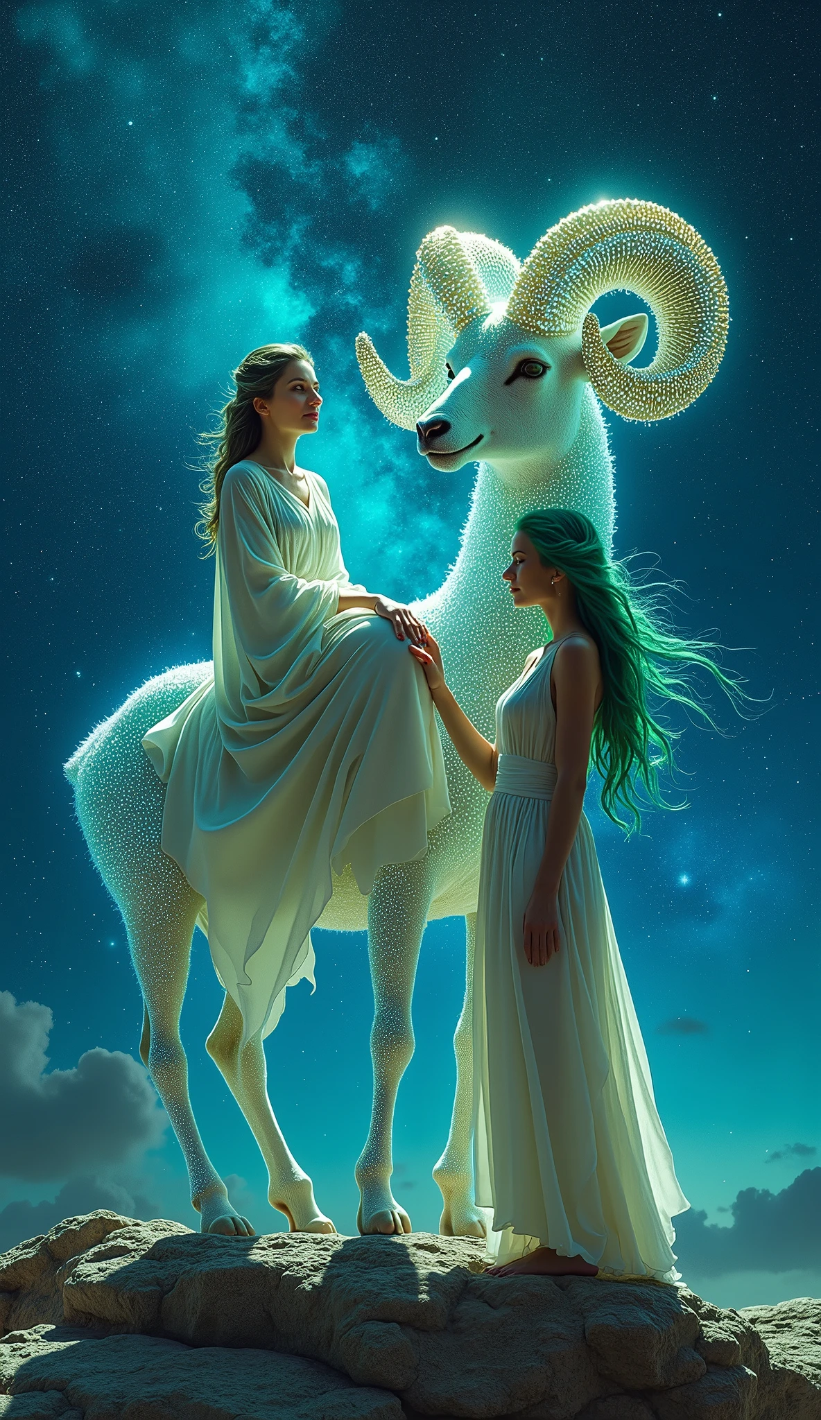 Two ethereal, green-haired women wearing flowing ancient Greek-style robes, with one woman seated on a mystical, large ram with glowing, ornate horns adorned with jewels. The other woman is standing on a stone platform, reaching out to her seated companion. The scene is set against a cosmic backdrop filled with swirling galaxies, vibrant stars, and a deep blue night sky. The overall atmosphere is mystical and otherworldly, with a sense of camaraderie and adventure between the characters. Emphasize the vibrant colors, particularly the blue and green tones, and the magical glow surrounding the figures and the ram.