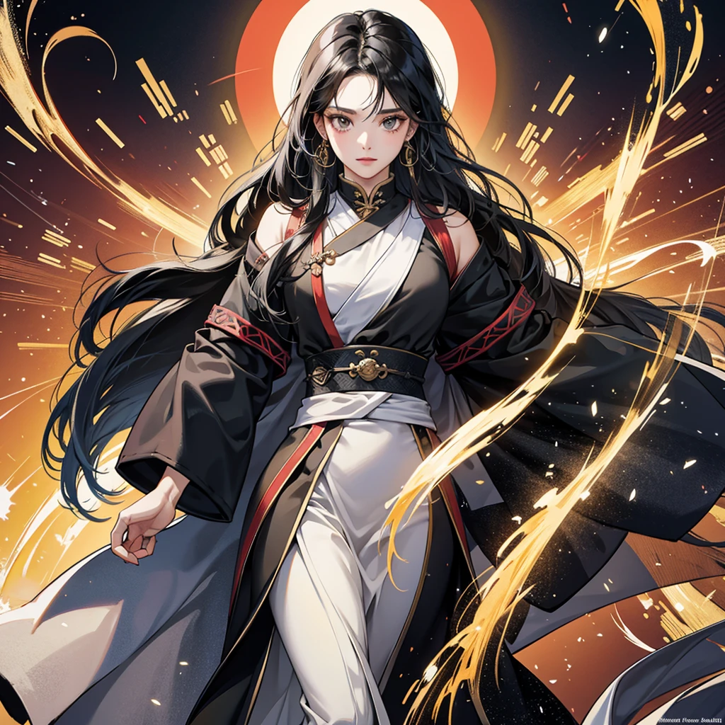 High resolution, 1 Female, alone, Hip Up, Displaying the viewer, (Detailed face), Black Hair, Long Hair, Taoist Robe,Larger clothes, jewelry, Portraits during the journey