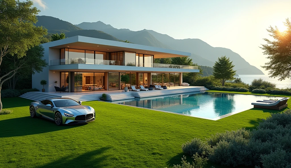 luxury mansion with a luxuary car parked in front of it, green yard with trees, behind sea and mountains, luxury pool, luxury lifestyle, luxurious environment, luxury architecture, rich, huge mansion, rich style, luxury and elite, extremely opulent, luxurious, hyper luxurious, majestic masterpiece, wealthy, luxury, stunning grand architecture, exquisite masterpiece, flaunting his wealth, inside a grand, architectural masterpiece