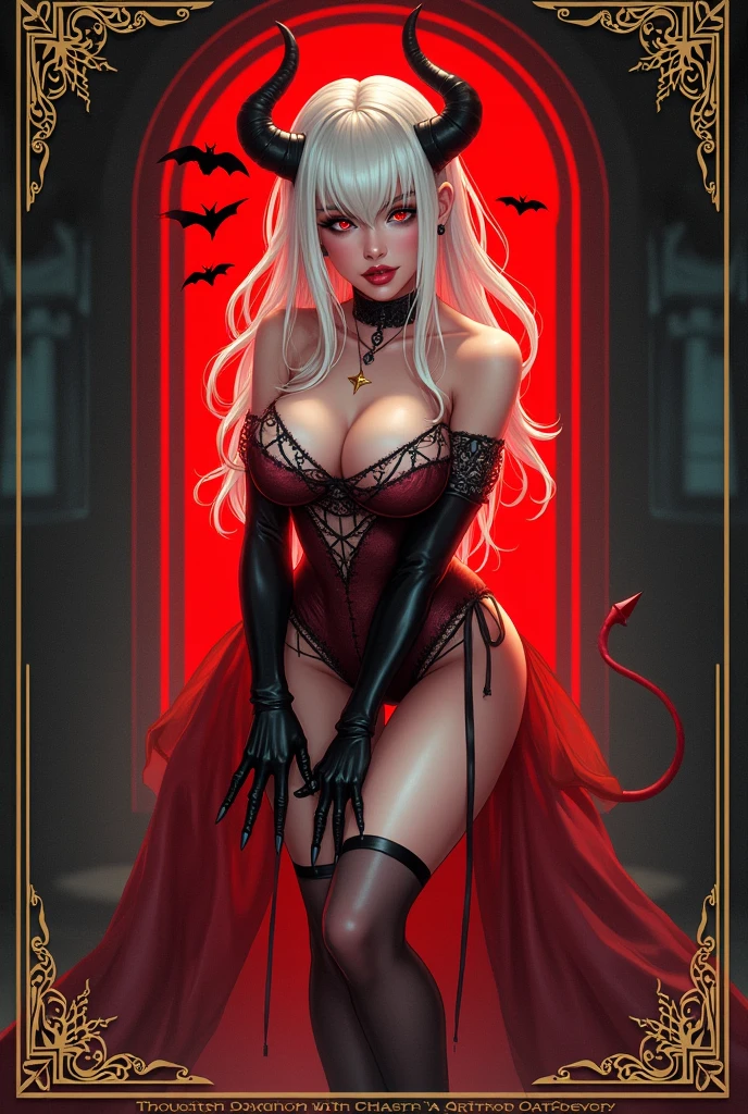 a woman in a corset posing for a photo, featured on artgerm, pale hair, red eyes, intense desire, 🎀 🧚, very sexy devil outfit, like tarot card, dating app icon, korean mmo, blonde red door , seductive gaze, naughty expression, looking directly at camera, bat