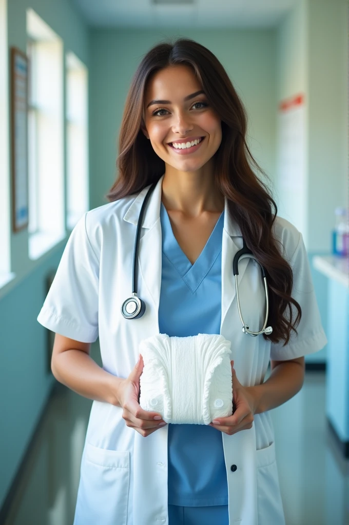 A extremely attractive doctor with an hourglass figure, huge soft breasts and a large thick ass who is holding a package of thick disposable adult diapers.
