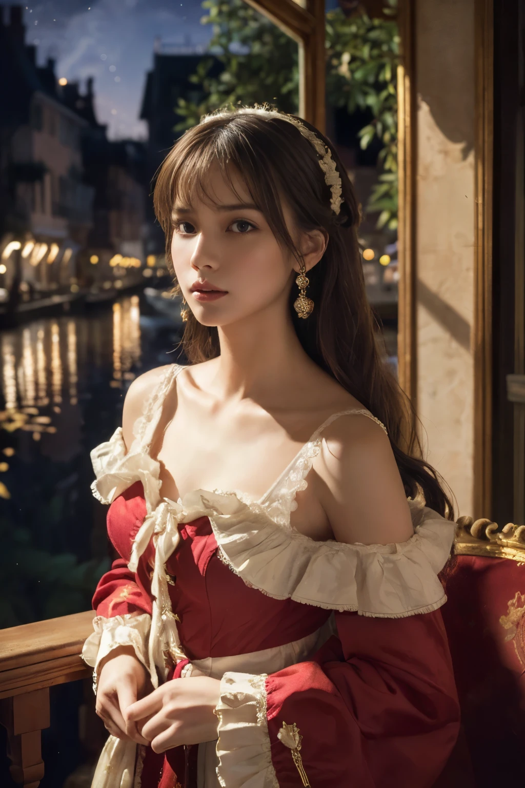 ((Photographed with the lakeside castle of Chambord in the background:1.3)), light makeup, red lips, beautiful hair, Black hair, (Medium Hair:1.3), elegant, soft lighting, Very fine details, masterworks, authentic texture, perfect work, (1 girl), (One Woman), 16k, high resolution, exquisite features, brown eyes, (Ultra-high resolution eye:1.1), Japanese idol, beautiful face, ((artists work)), (gentle smile like a goddess), attractive, well-shaped breasts, beautiful cleavage, shiny skin, smooth skin, BREAK, (Dark-red Marie Antoinette Costume Dress:1.3), BREAK, earrings, necklace, Peacock feather headdress, BREAK, upper body, Standing position, model pose, (lovely smile)