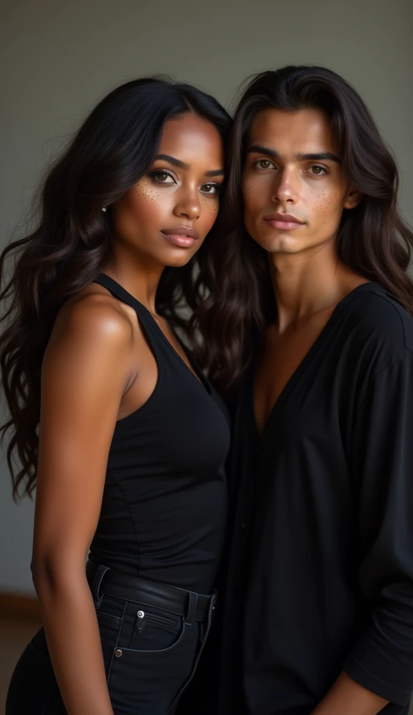 woman in a black top posing for a photo, profile picture with headshot, 2 4 year old female model, flawless brown skin, young man with long dark hair, 18 years old, sexy face with full makeup, sultry gaze, wavyhair, sexy face, soft freckles, rosy cheeks with natural freckles, voluminous and long eyelashes,