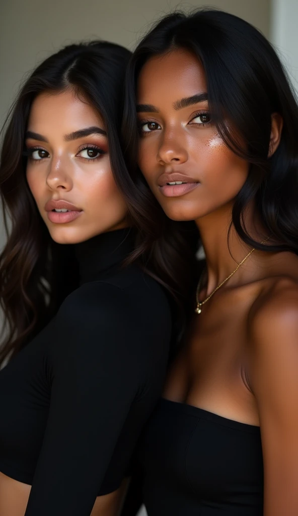 woman in a black top posing for a photo, profile picture with headshot, 2 4 year old female model, flawless brown skin, young man with long dark hair, 18 years old, sexy face with full makeup, sultry gaze, wavyhair, sexy face, soft freckles, rosy cheeks with natural freckles, voluminous and long eyelashes,