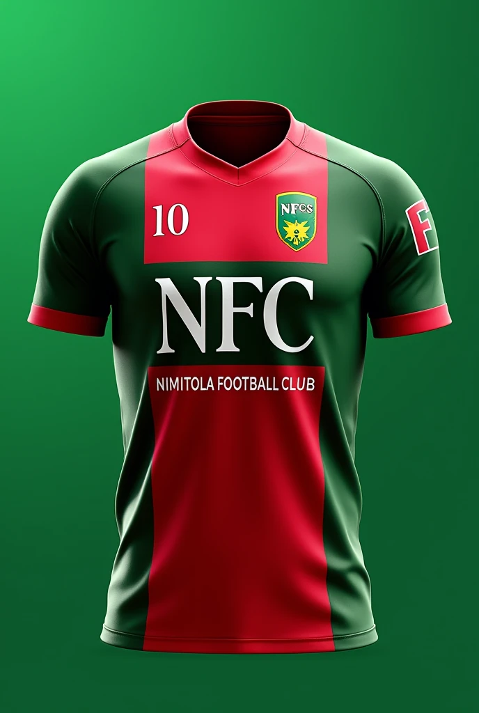 Make a Jersey red & green combination. Add logo text is NFC & slogan is NIMTOLA FOOTBALL CLUB front view & back view 10 & NIMTOLA FOOTBALL CLUB 
Front view & back view 